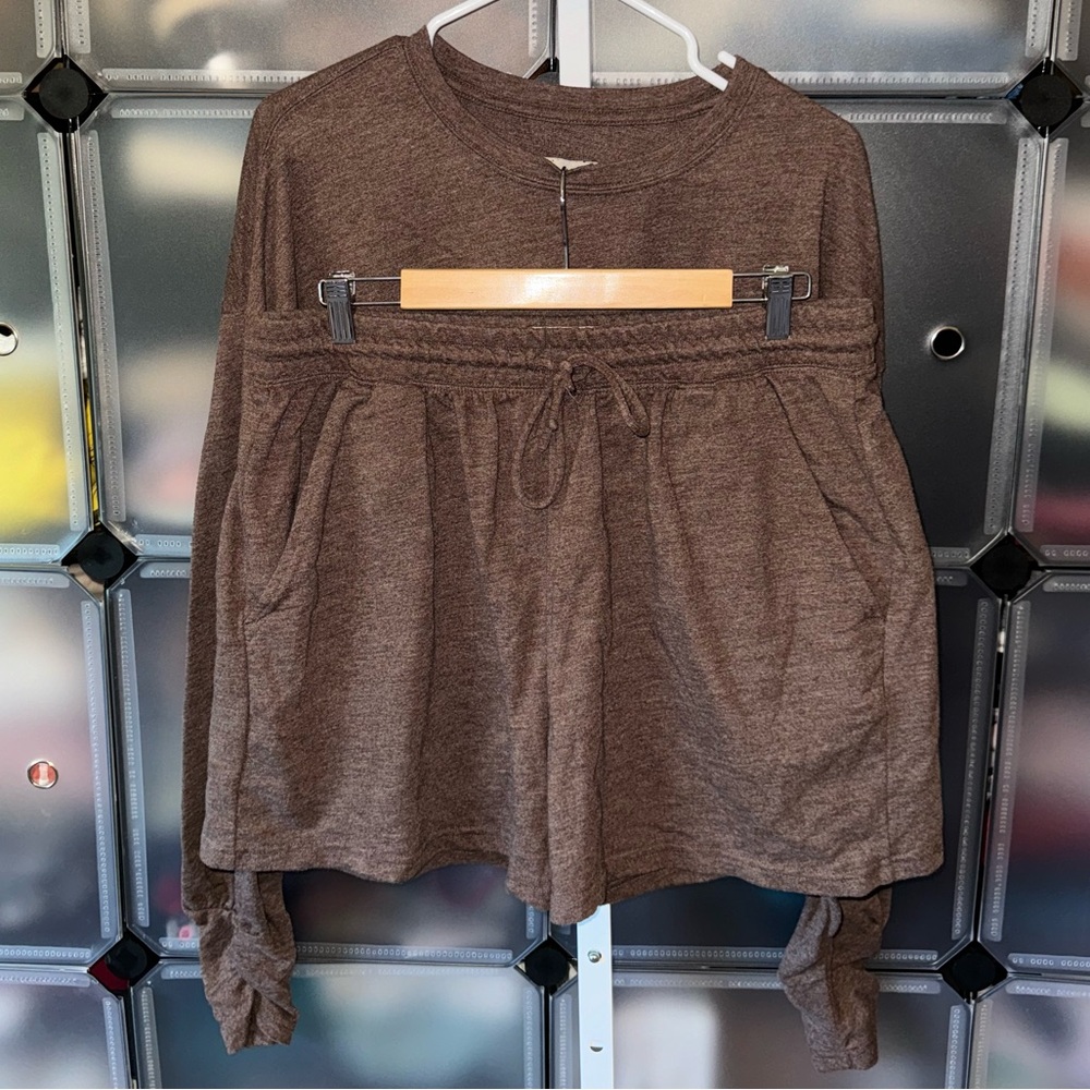 Anthropologie Saturday Sunday Long Sleeve Top & Shorts Set in Brown Size L